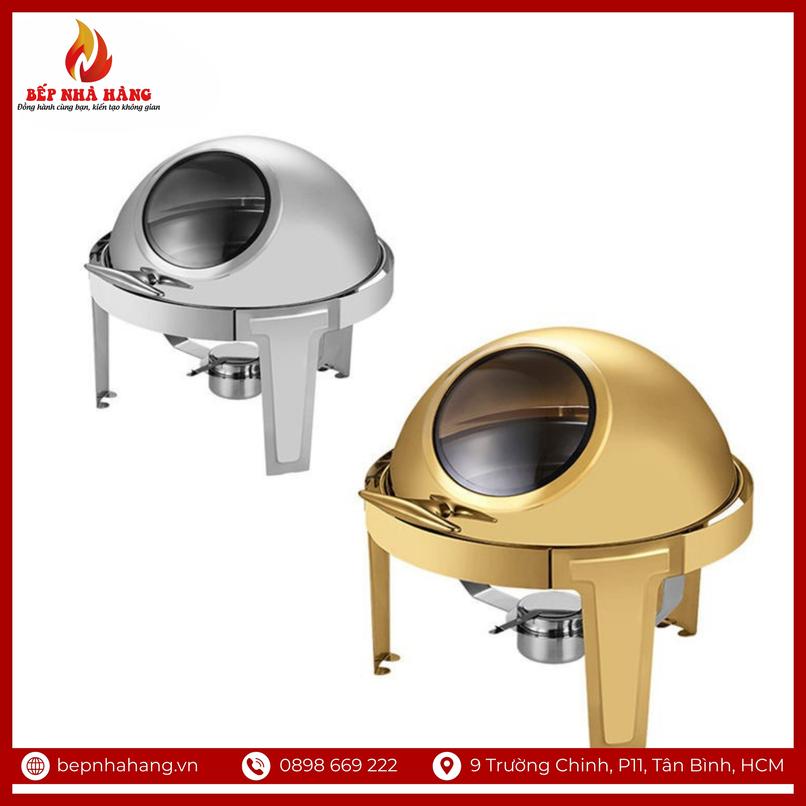 Nồi Hâm Nóng Buffet Tròn Inox Có Chân Nắp Kính Mạ Vàng