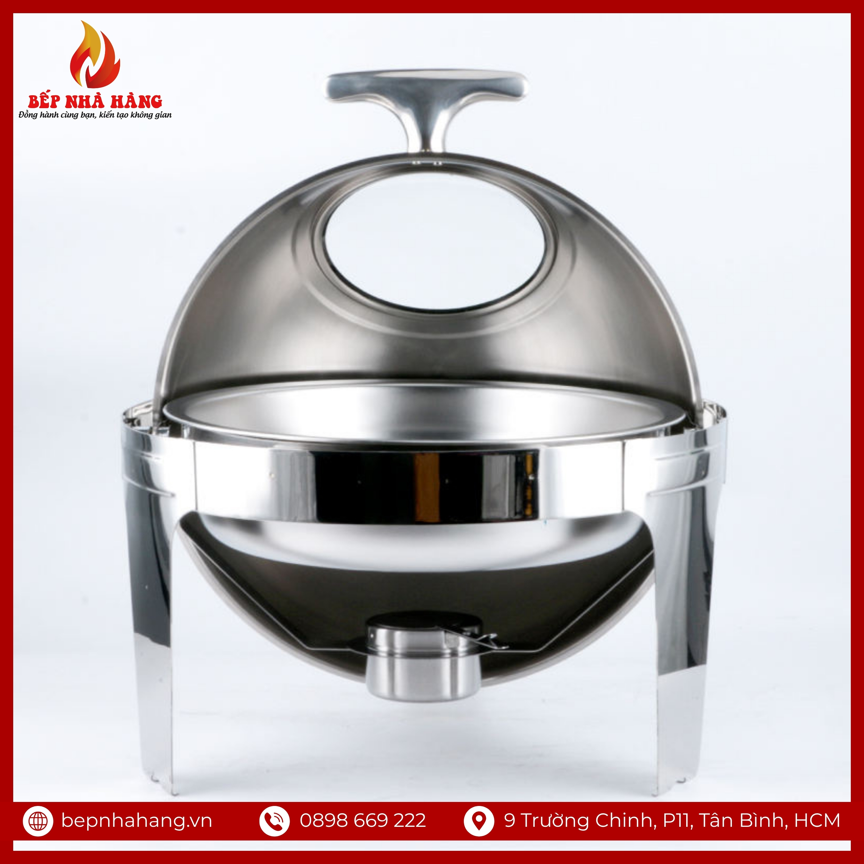 Nồi Hâm Nóng Buffet Tròn Inox Có Chân Nắp Kính