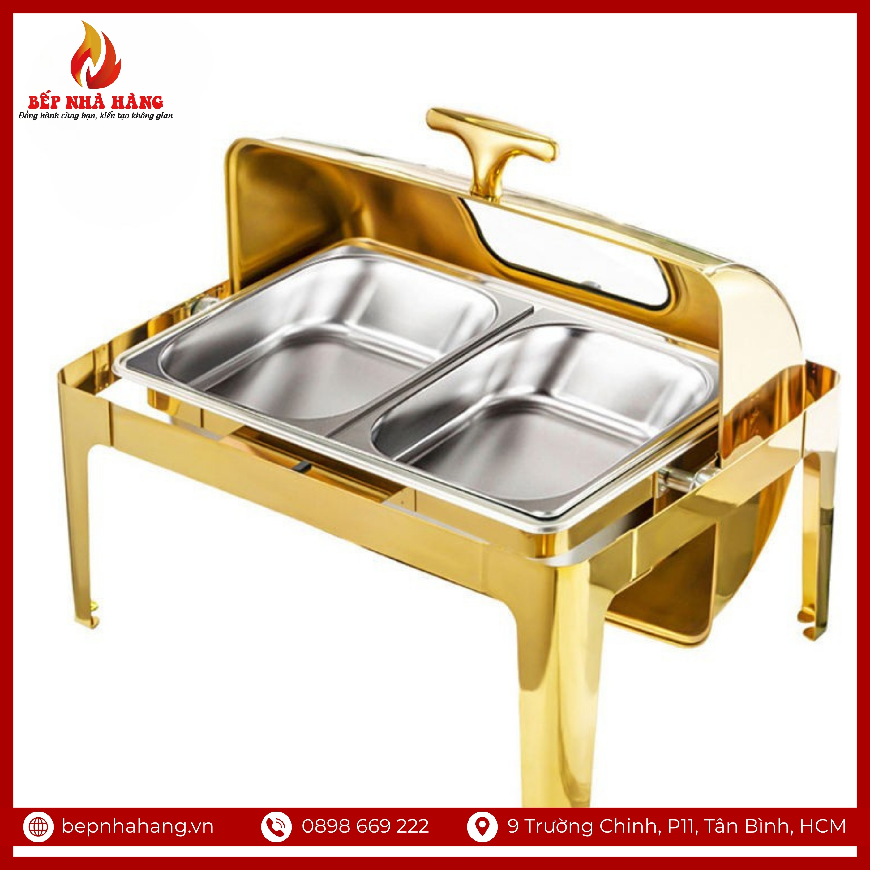 Cấu tạo của nồi hâm nóng buffet bán nguyệt nắp kính mạ vàng