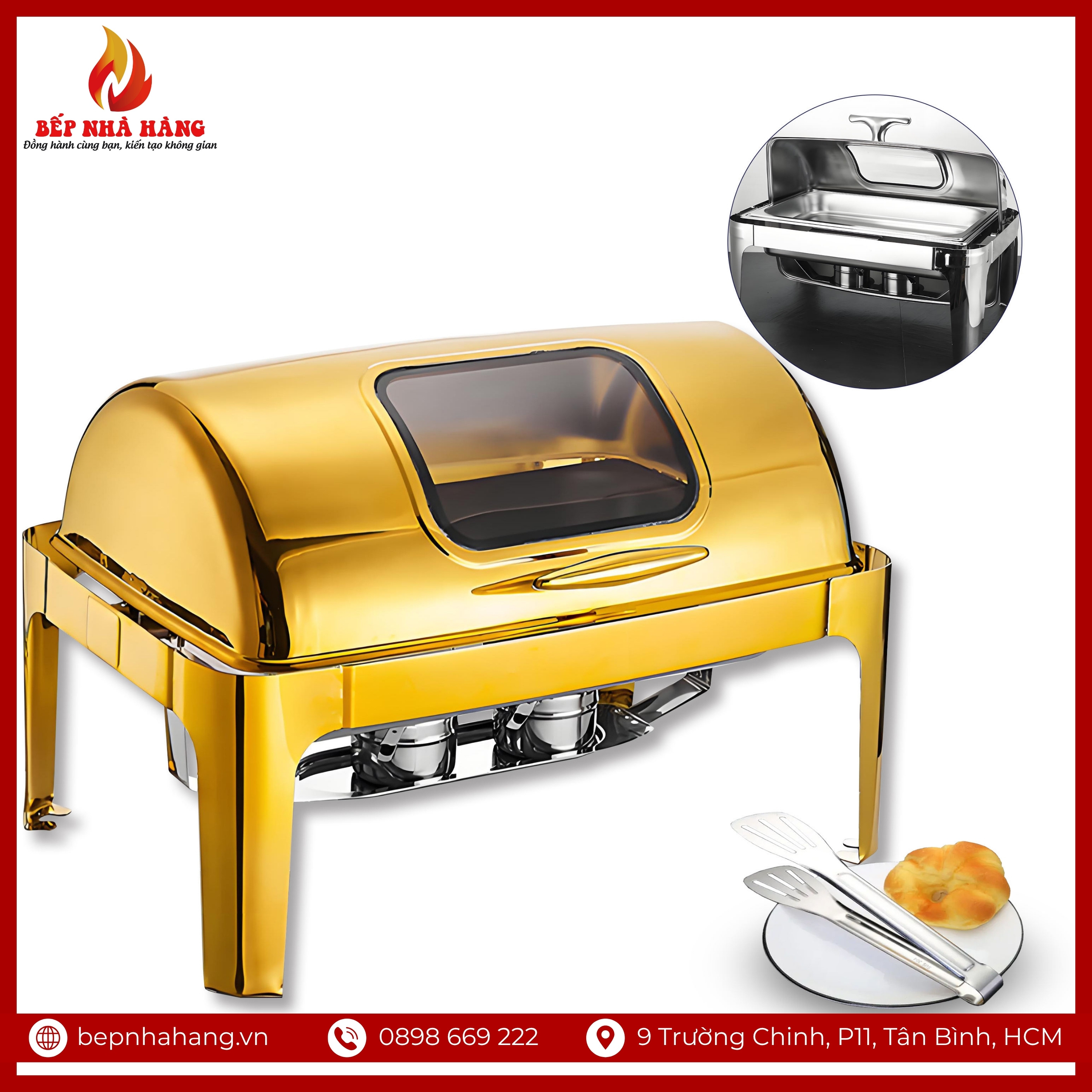 Cấu tạo của nồi hâm nóng buffet bán nguyệt nắp kính mạ vàng