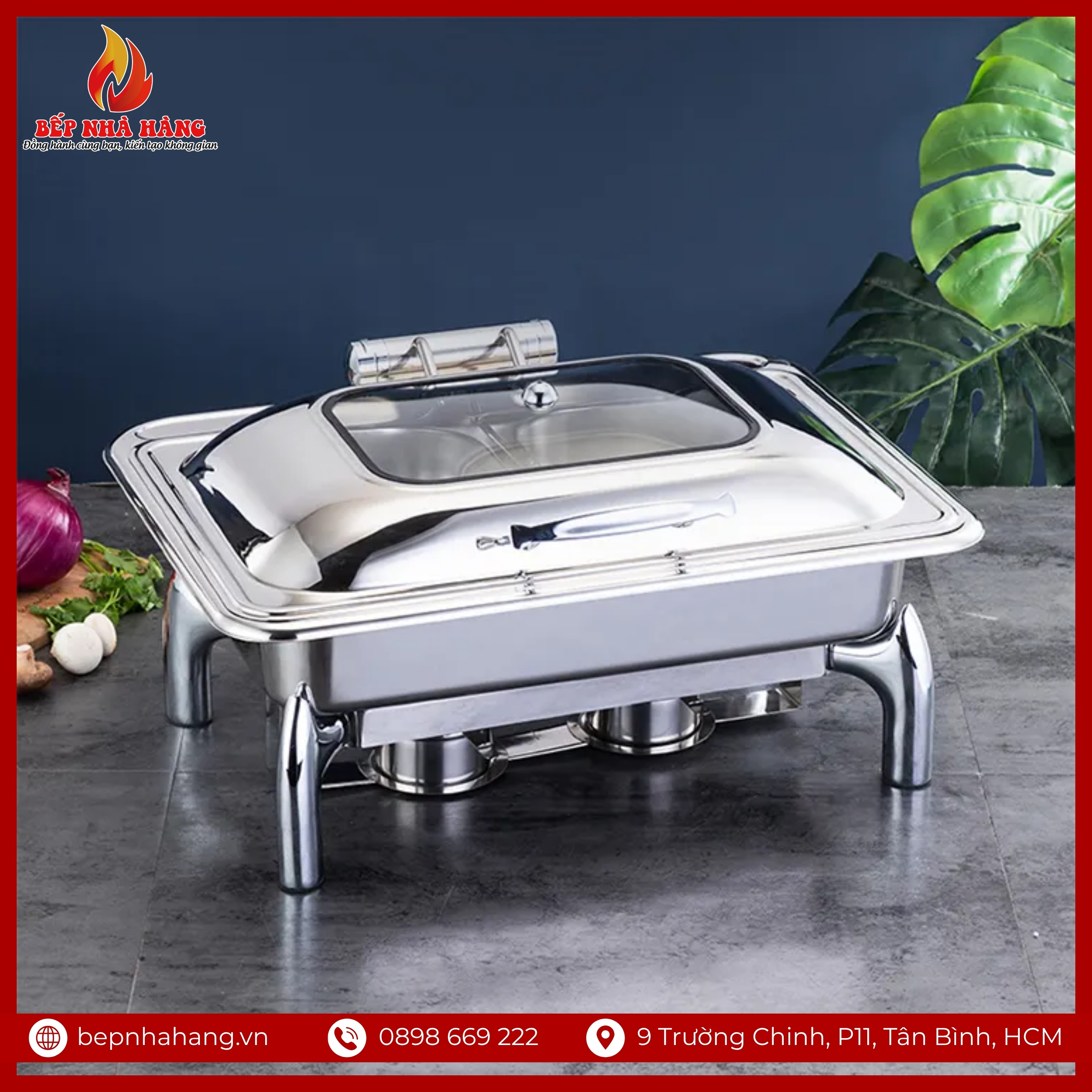 Nồi Hâm Nóng Buffet Chữ Nhật Inox Chân Kiềng Nắp Kính
