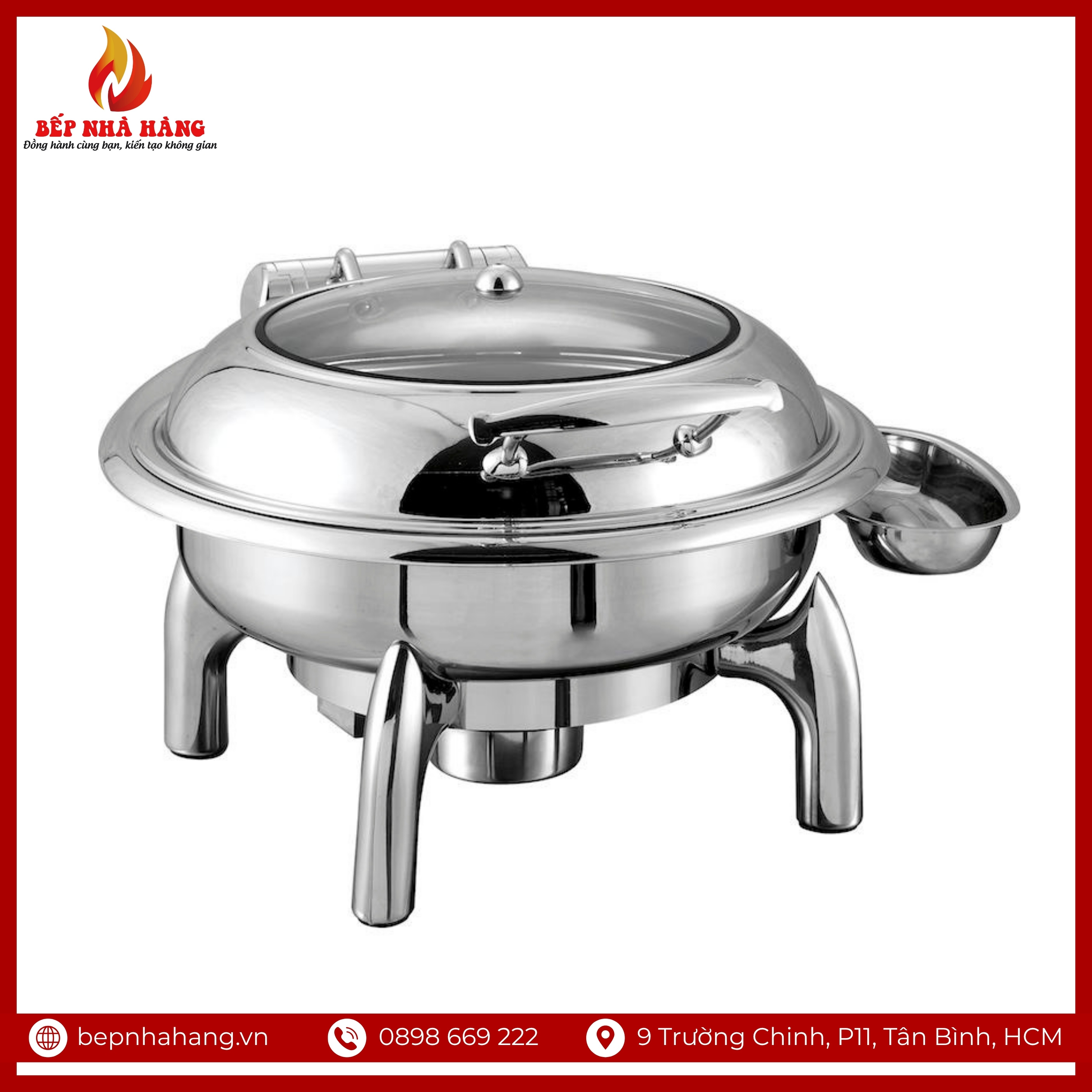 Nồi Hâm Nóng Buffet Tròn Inox Chân Kiềng Nắp Kính