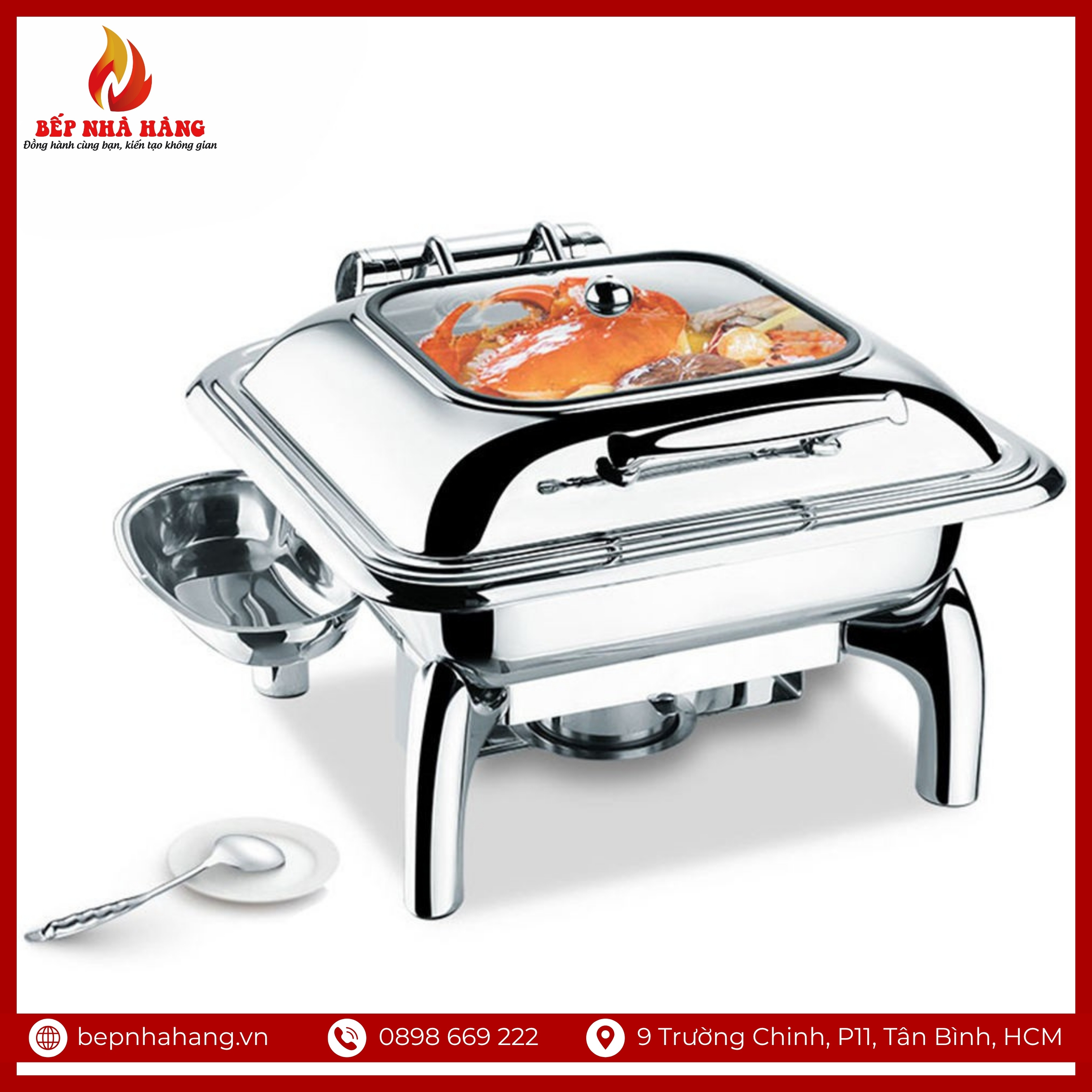 Nồi Hâm Nóng Buffet Vuông Inox Chân Kiềng Nắp Kính