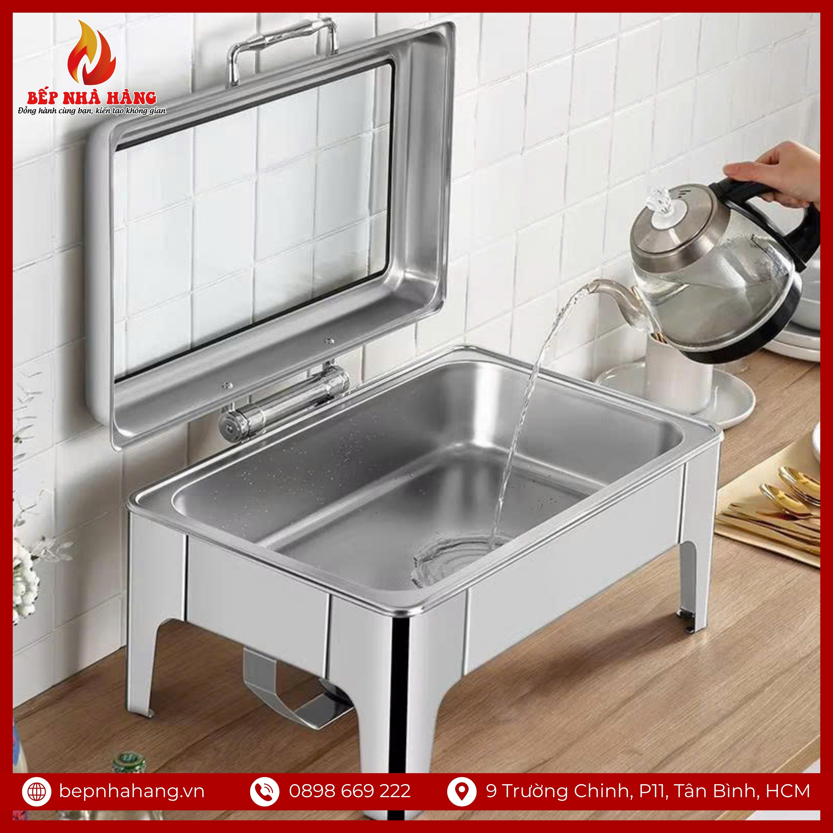 Cấu tạo của nồi hâm nóng buffet hình chữ nhật chân cao nắp kính