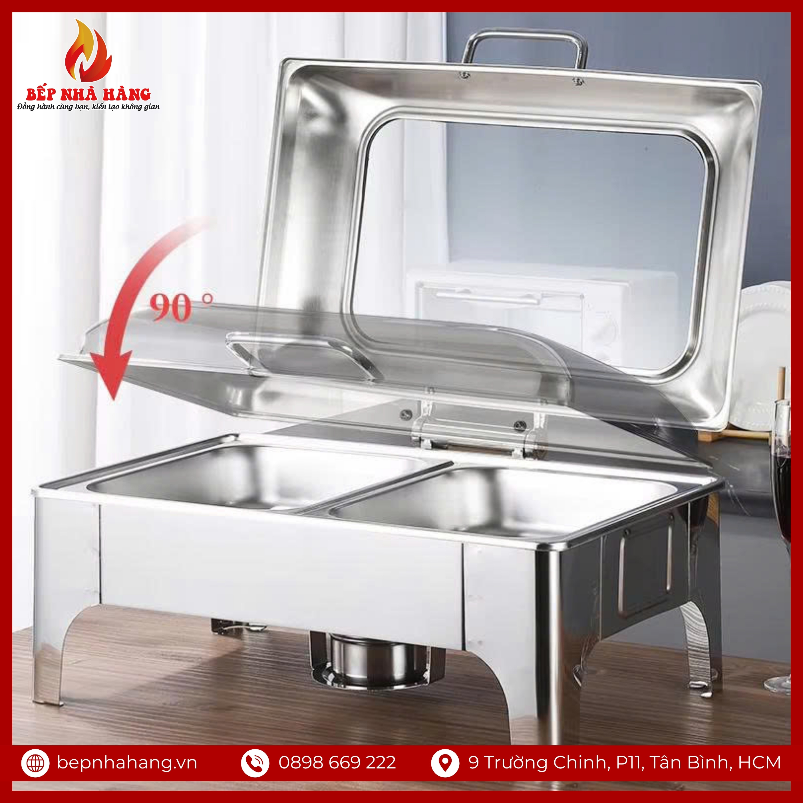 Cấu tạo của nồi hâm nóng buffet hình chữ nhật chân cao nắp kính
