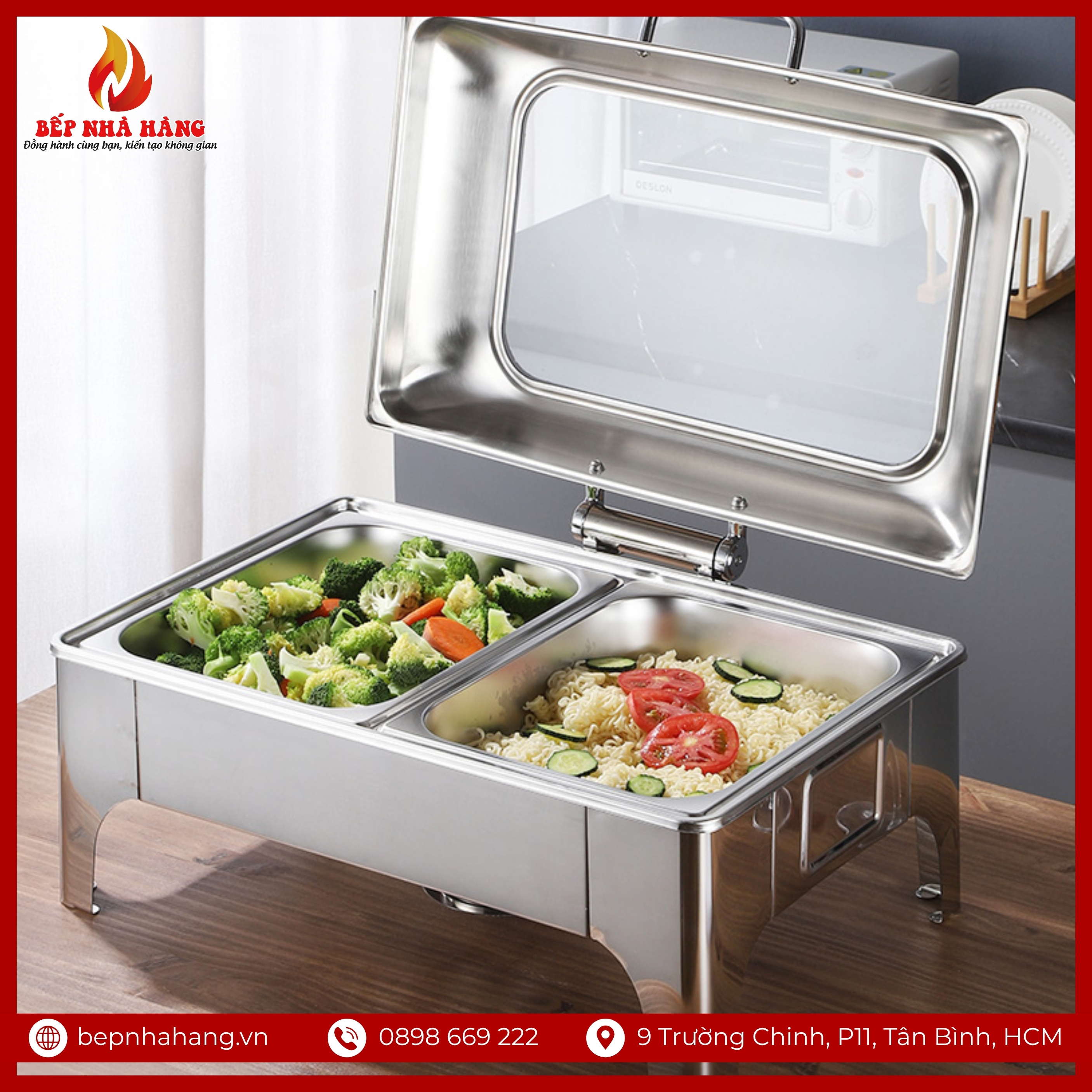 Nồi Hâm Nóng Buffet Chữ Nhật Chân Cao Nắp Kính