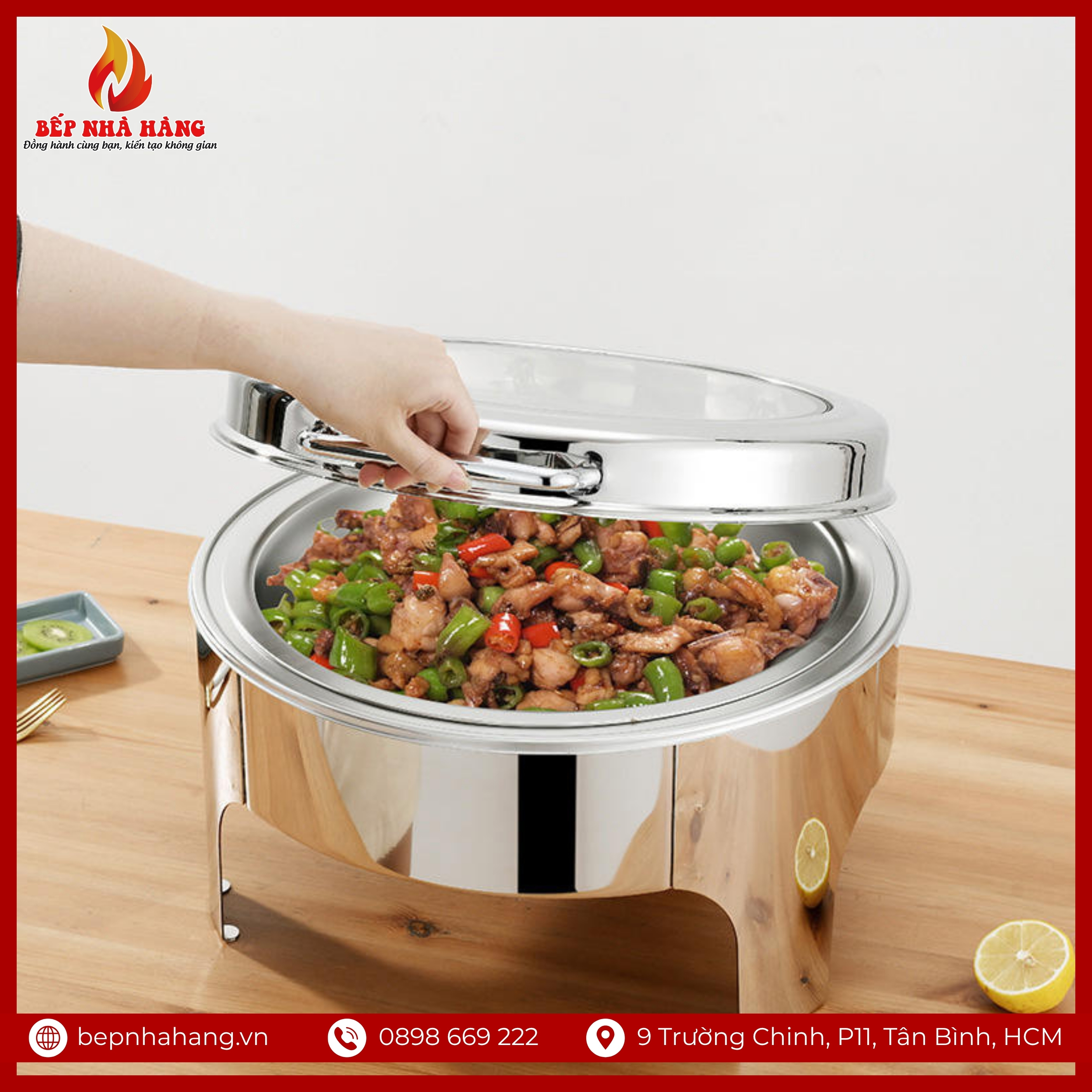 Nồi Hâm Nóng Buffet Tròn Chân Cao Nắp Kính