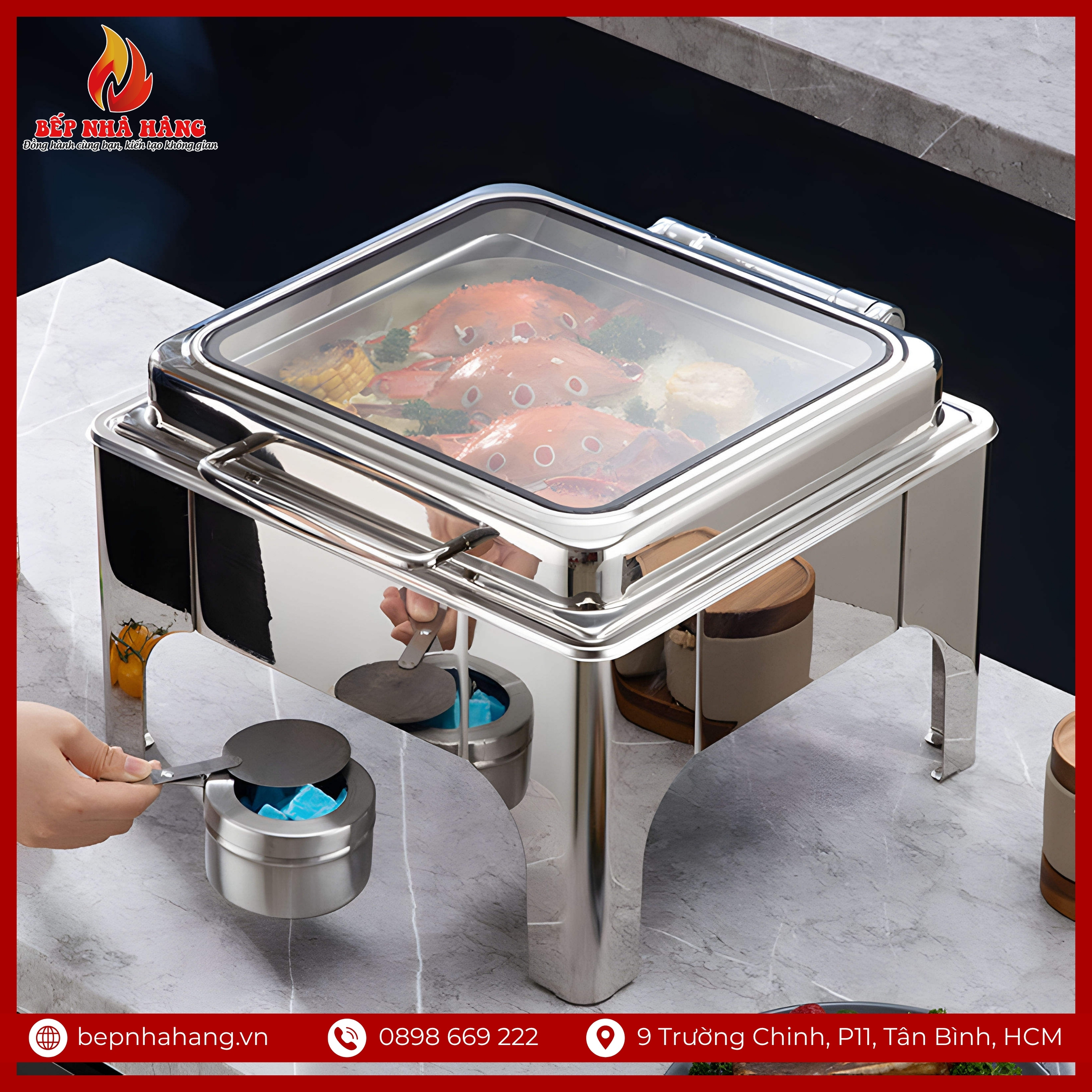 Nồi Hâm Nóng Buffet Vuông Chân Cao Nắp Kính