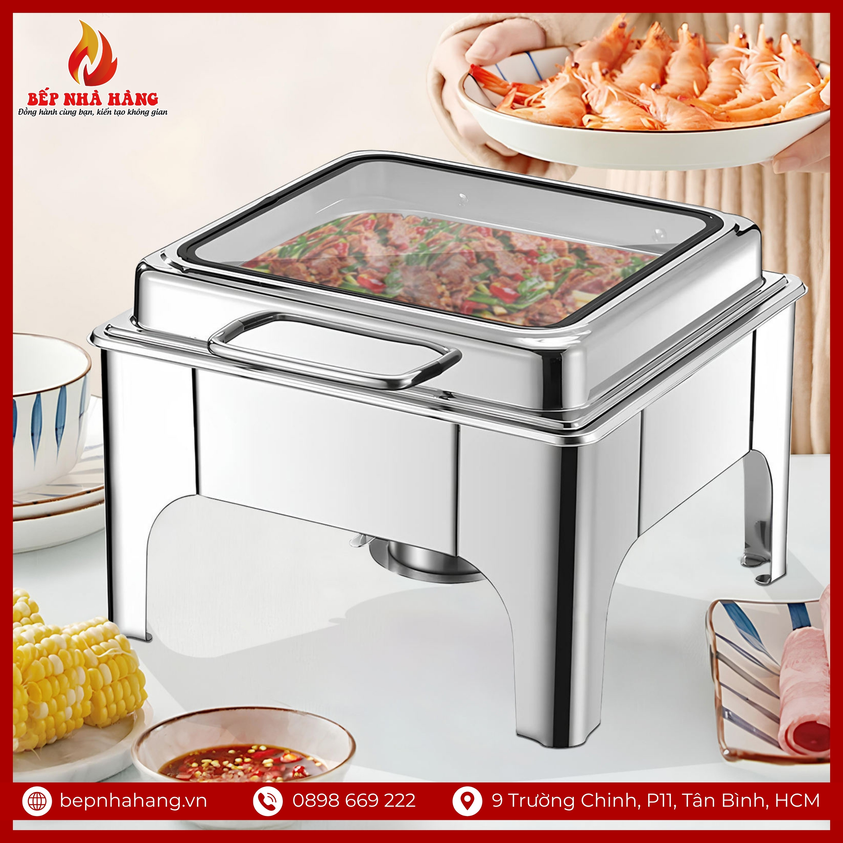Nồi Hâm Nóng Buffet Vuông Chân Cao Nắp Kính