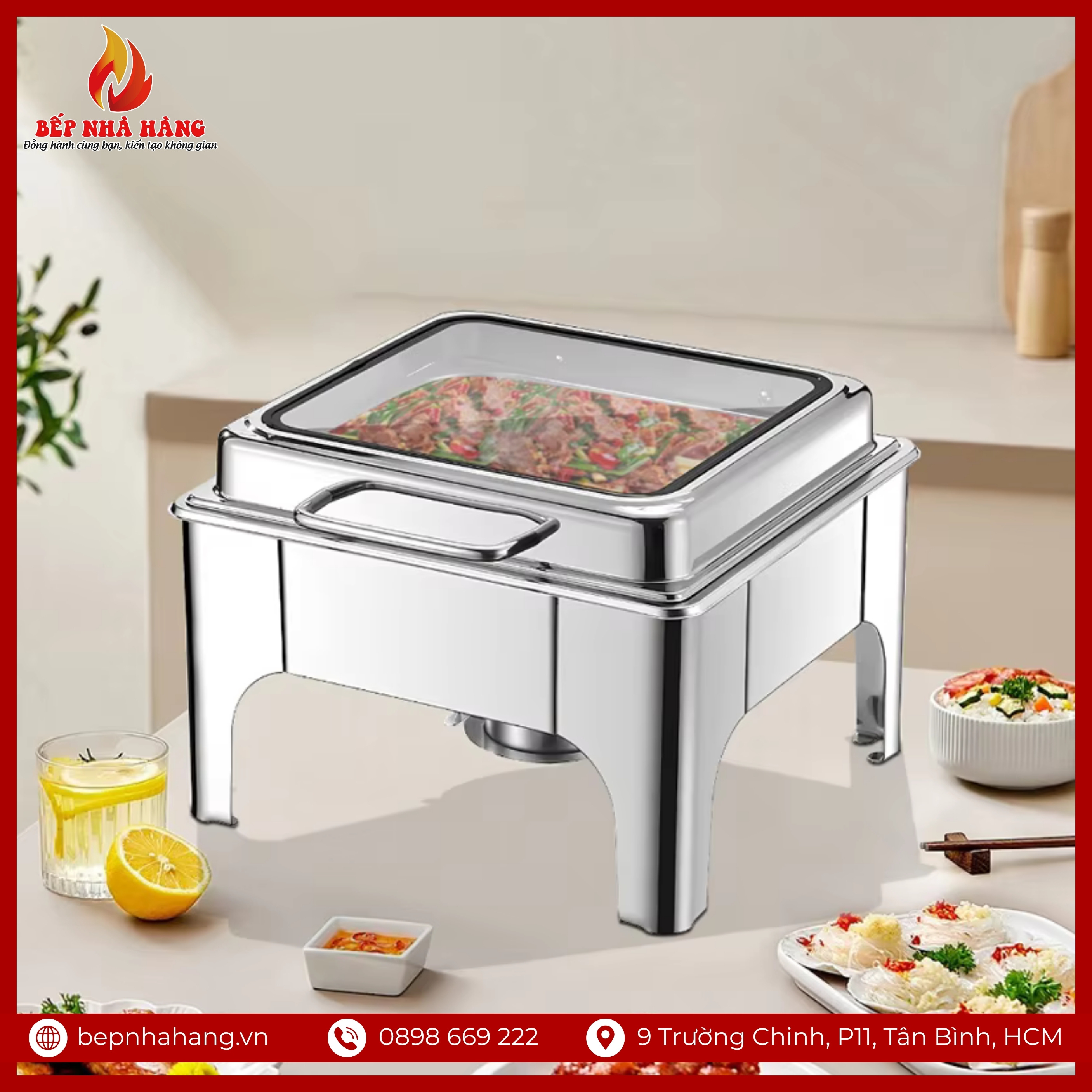 Nồi Hâm Nóng Buffet Vuông Chân Cao Nắp Kính
