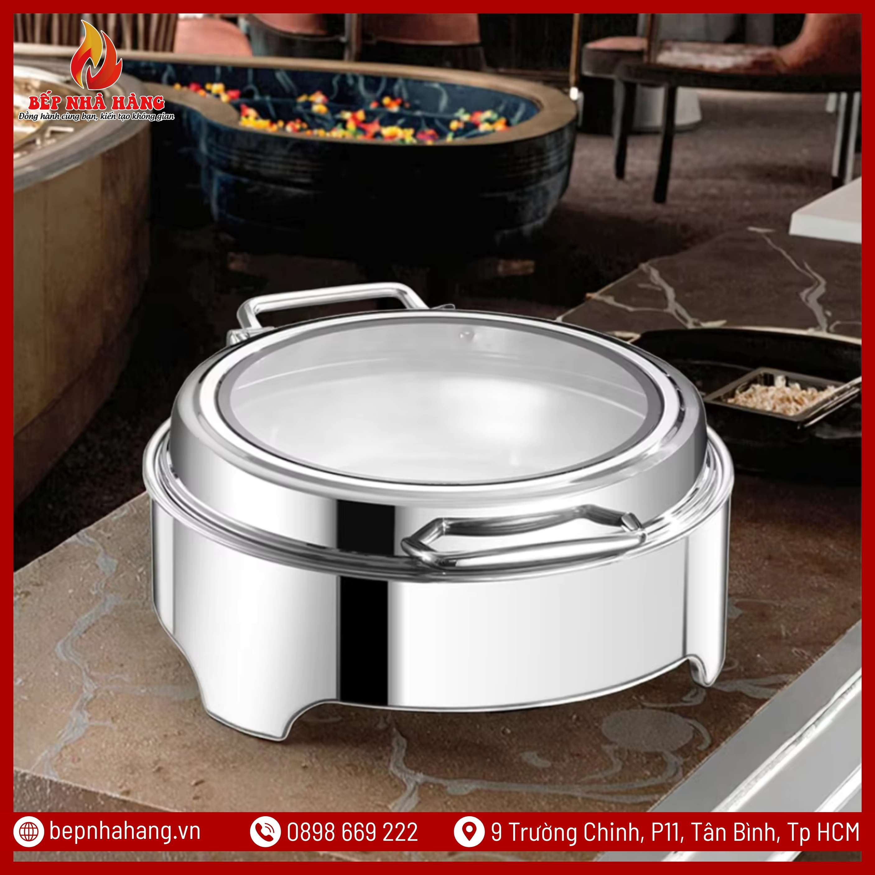 Nồi Hâm Nóng Buffet Tròn Chân Ngắn Nắp Kính