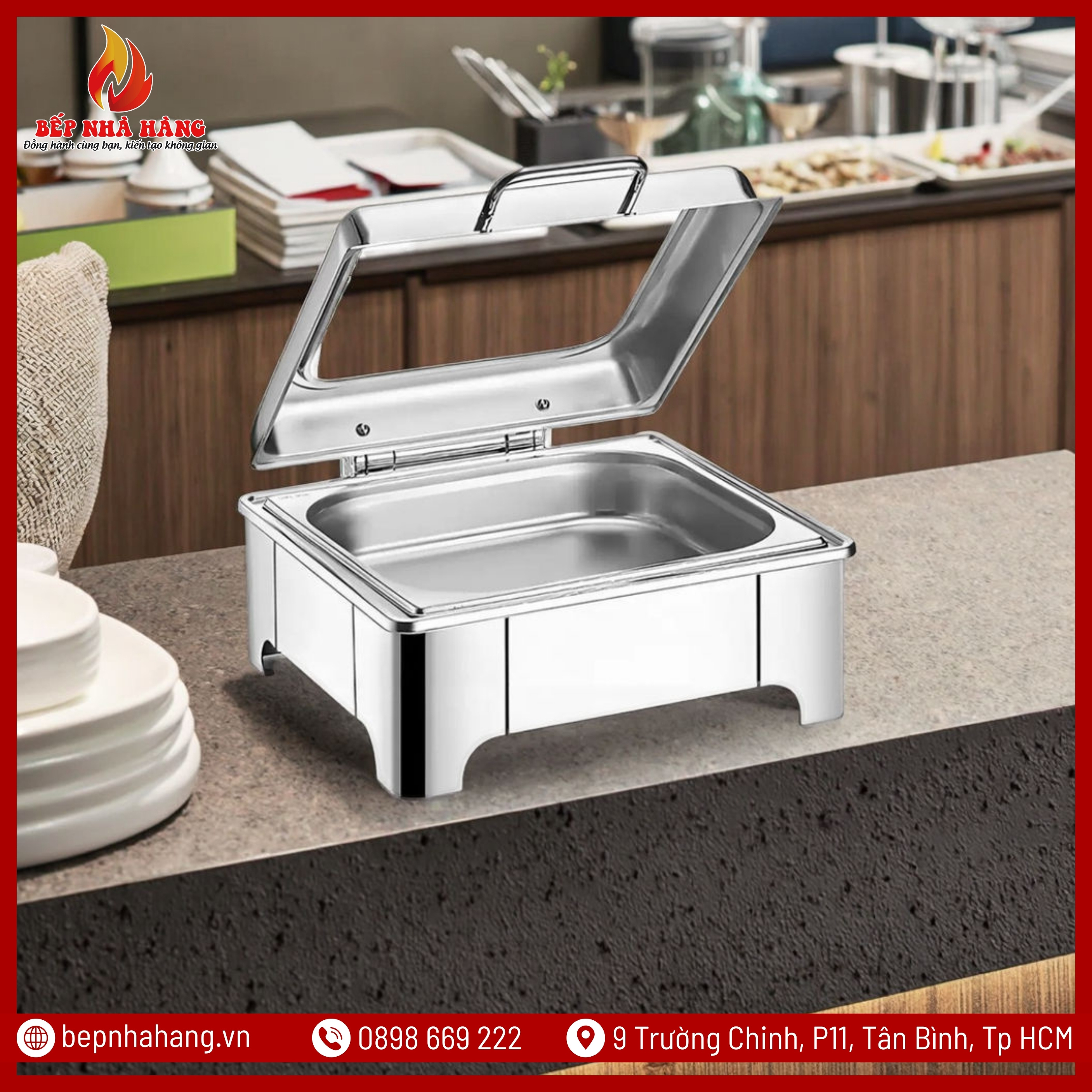 Nồi Hâm Nóng Buffet Vuông Chân Thấp Nắp Kính