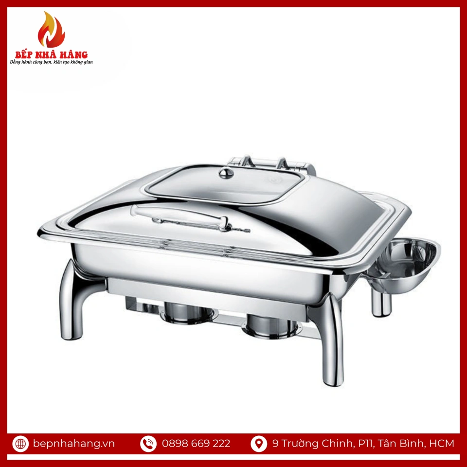 Nồi Hâm Nóng Buffet Chữ Nhật Inox Chân Kiềng Nắp Kính