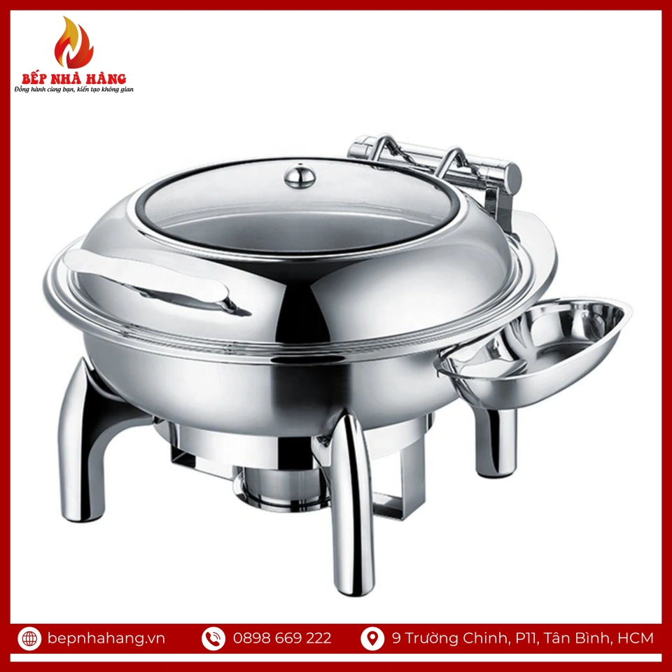 Nồi Hâm Nóng Buffet Tròn Inox Chân Kiềng Nắp Kính