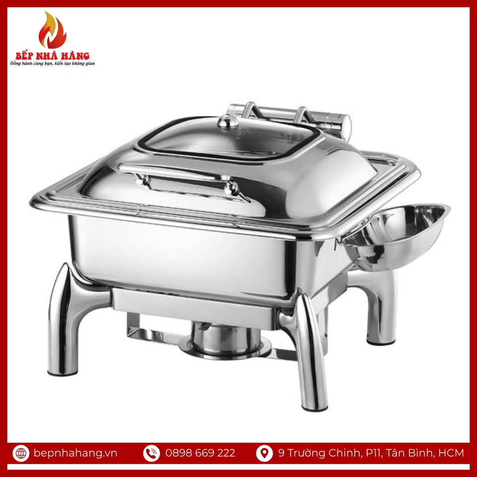 Nồi Hâm Nóng Buffet Vuông Inox Chân Kiềng Nắp Kính
