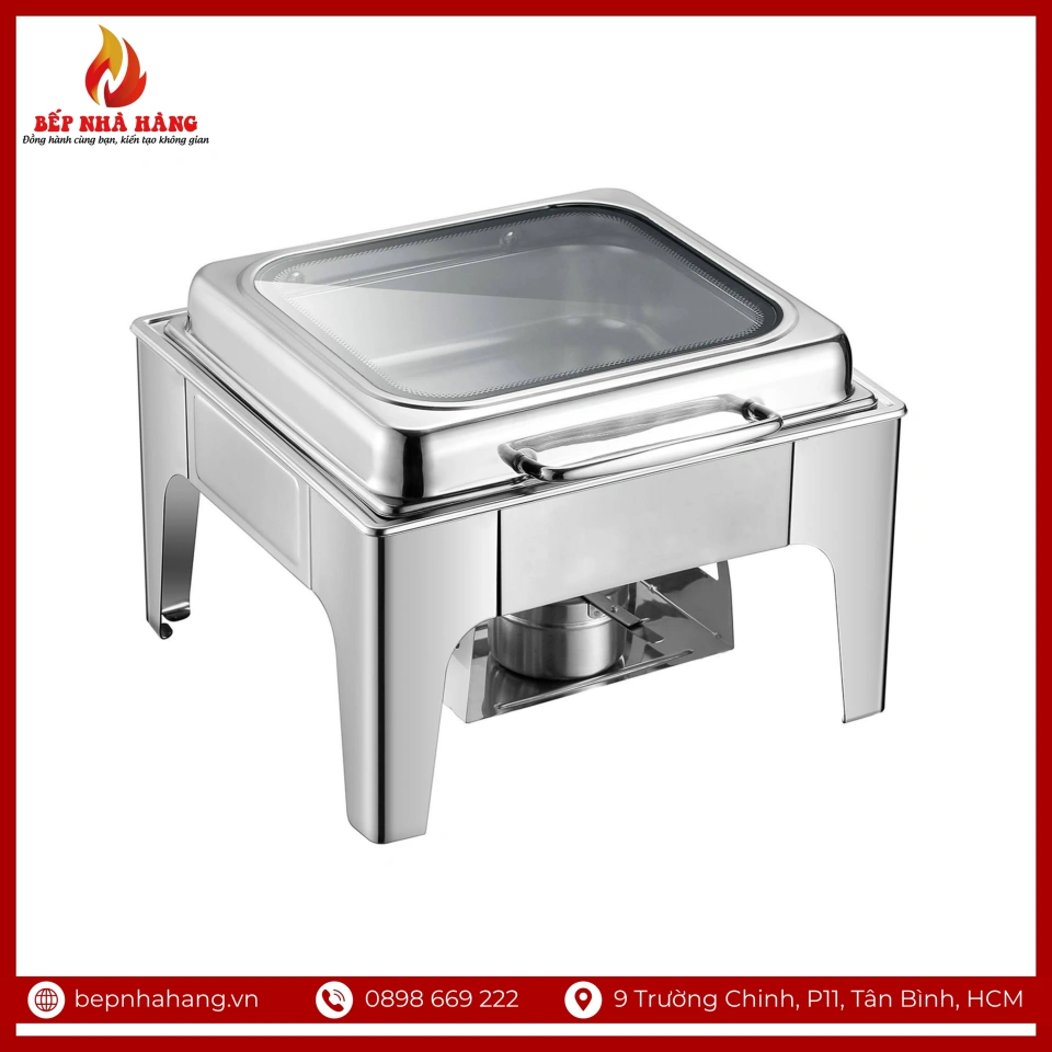Nồi Hâm Nóng Buffet Vuông Chân Cao Nắp Kính