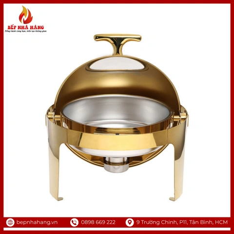 Nồi Hâm Nóng Buffet Tròn Inox Có Chân Nắp Kính Mạ Vàng