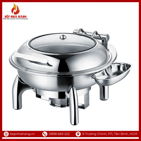 Nồi Hâm Nóng Buffet Tròn Inox Chân Kiềng Nắp Kính