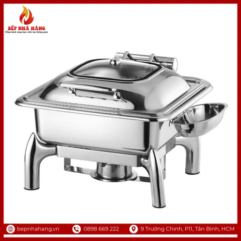 Nồi Hâm Nóng Buffet Vuông Inox Chân Kiềng Nắp Kính