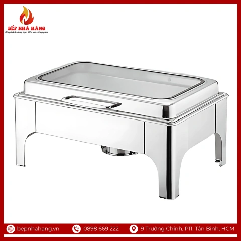 Nồi Hâm Nóng Buffet Chữ Nhật Chân Cao Nắp Kính